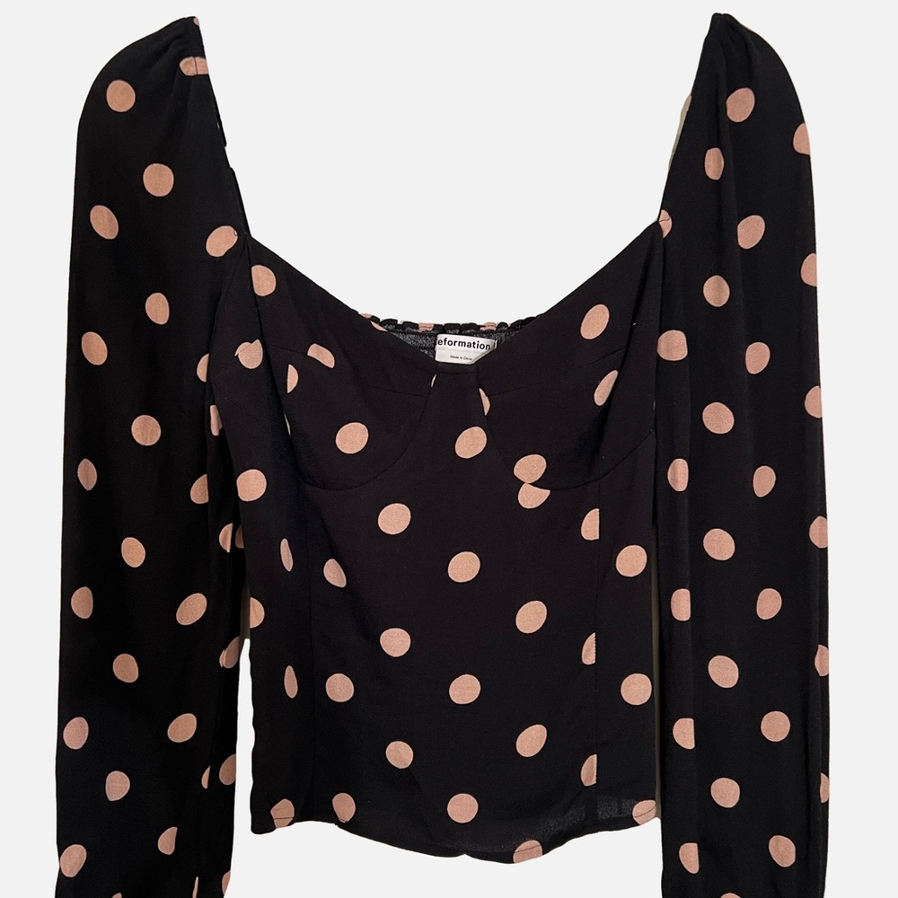 Reformation Bustier Lined Long Sleeve Poka-Dot Blouse